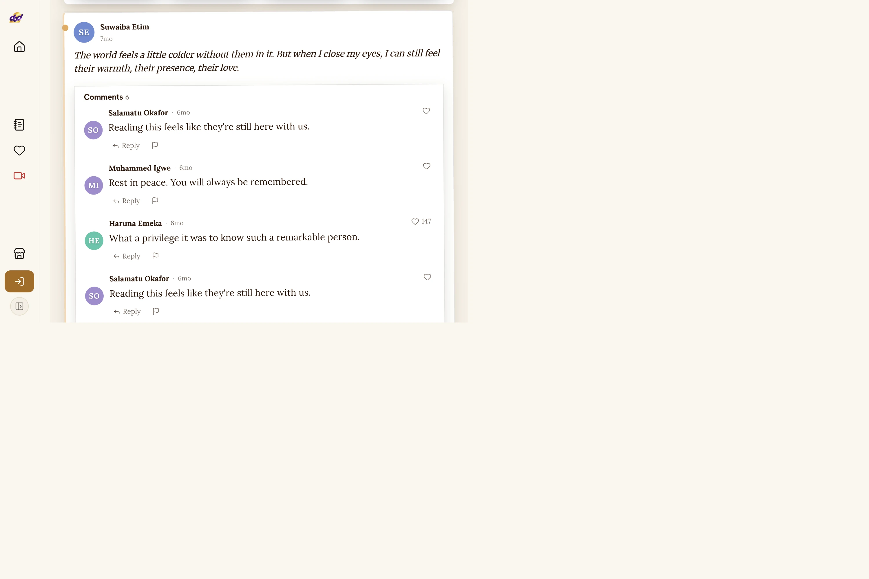 A condolence on a diary with six replies underneath it, and 147 reactions on one of them